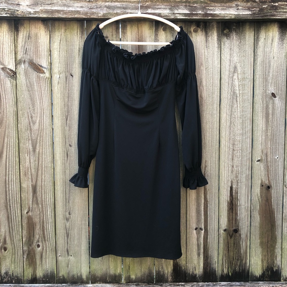 David Meister Off Shoulder Babydoll Dress Black Size 6 Balloon Sleeves